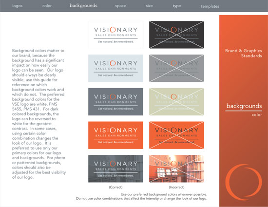 A page from the Visionary Sales Environments brand guidelines showing how to properly use the logo