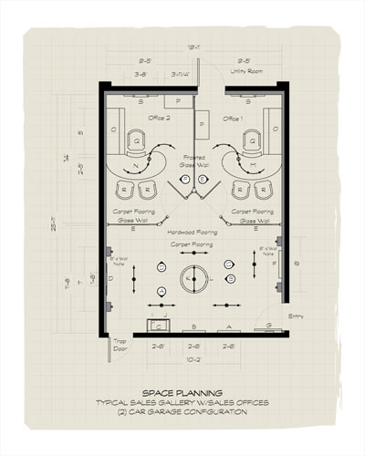 A sales office floorplan with two offices and a small showroom