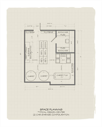 A floorplan of a large showroom with an attached filing room